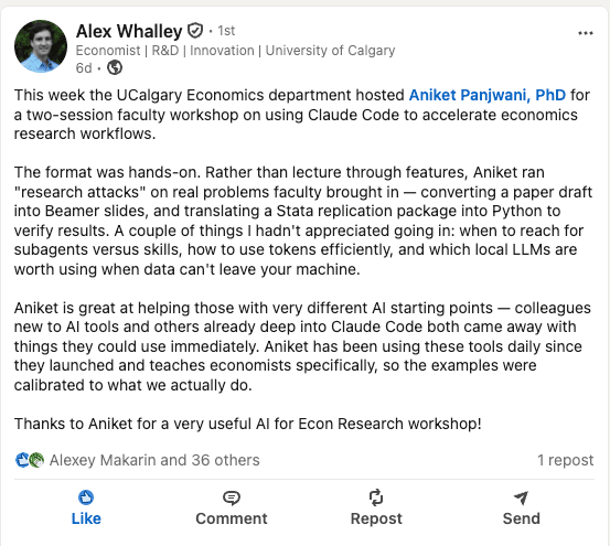 LinkedIn testimonial about the University of Calgary economics workshop