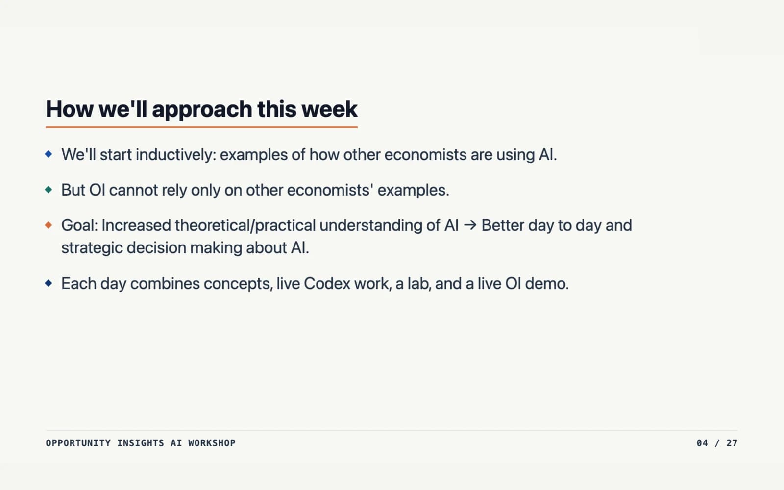 A Day 1 workshop slide explaining how the Opportunity Insights workshop week would be structured